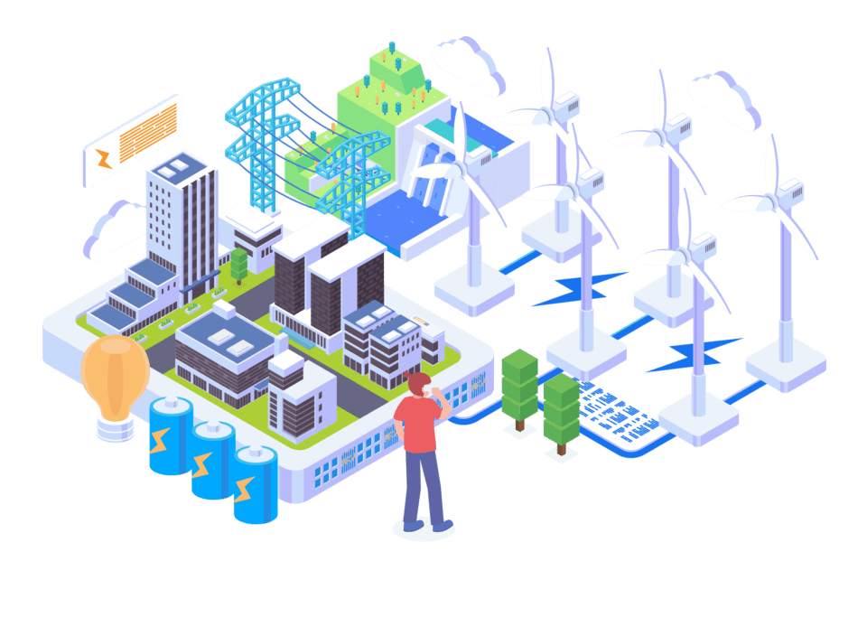 Isometrica di un'infrastruttura energetica con impianti di energia rinnovabile