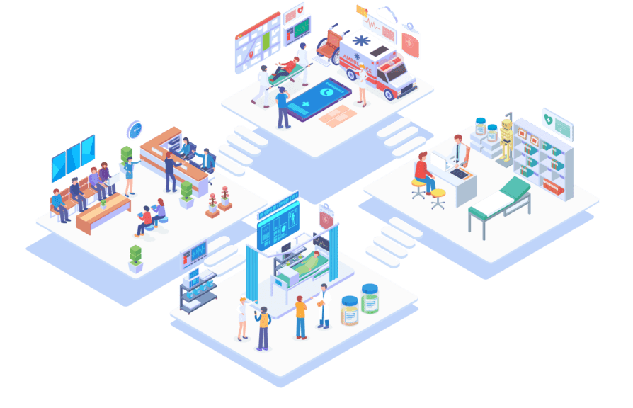 infografica di ospedale a 4 settori: accettazione, ambulanza, sala analisi e sala di visita