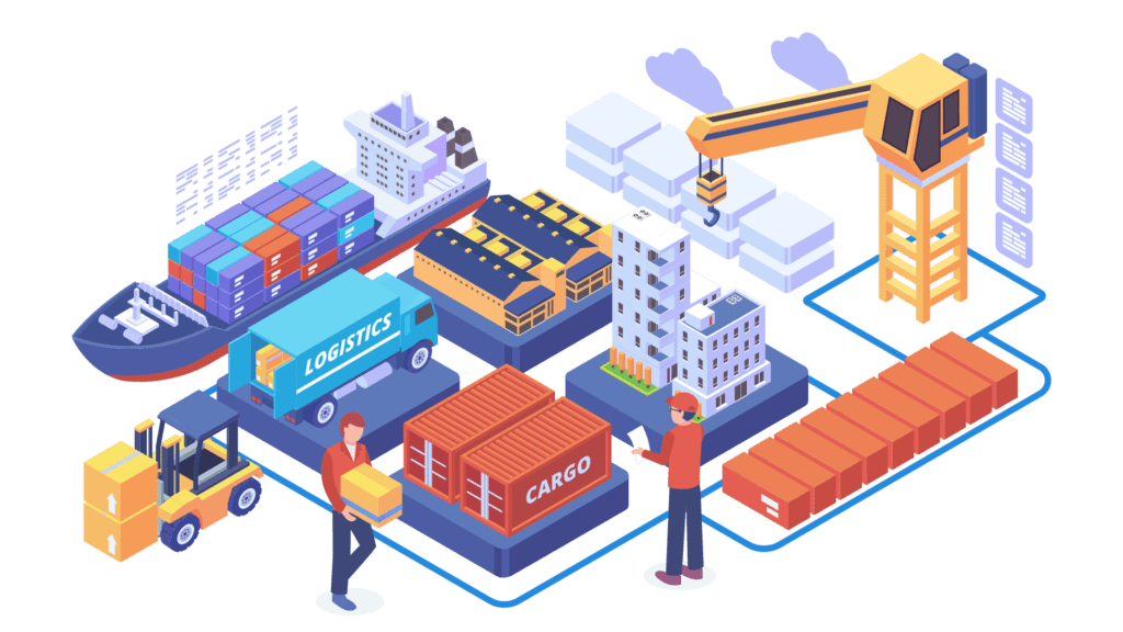 isometrica di impianto logistico con sistema di trasporto stradale e marittimo