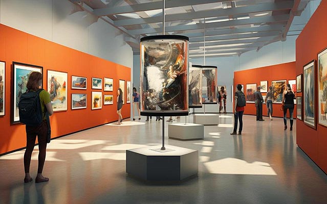 sala di un museo con visitatori che guardano le opere