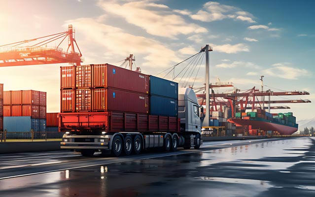 camion per il trasporto di container in centro logistico